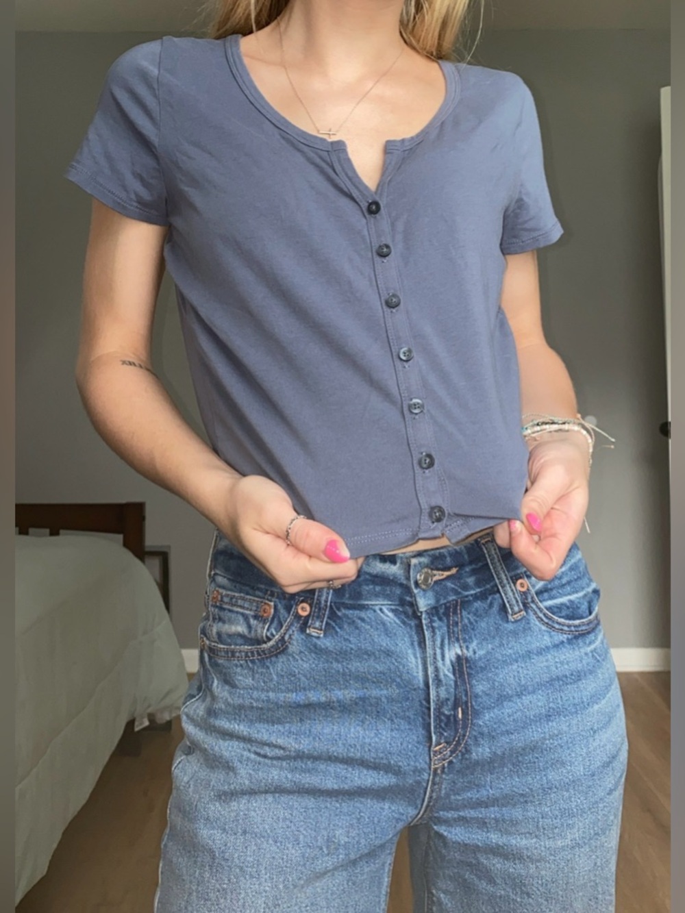 Hollister Washed Blue Button-Front Crop Top
